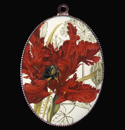 medallion in porcelain with a parrot tulip, symbol of cheerful love, gift for a bizarre and cheerful friend