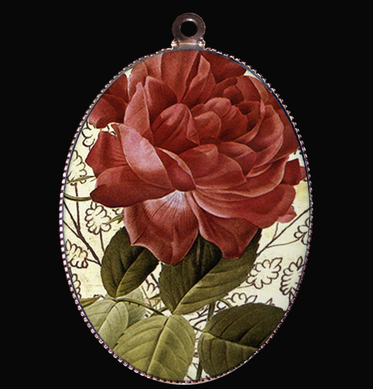 medallion in porcelain with a red rose, symbol of love and passion