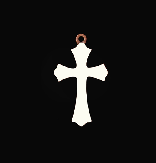 cross shaped copper charm, with the word 