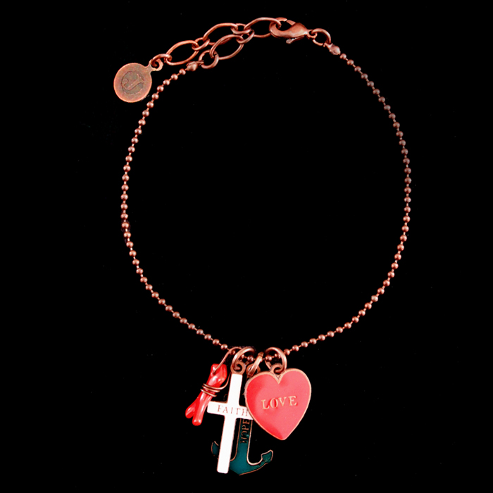 Bracelet with charms representing faith, love and hope, cross shaped, anchor shpaed and heart shaped, enamelled in green, red and white. The theological virtue on a jewel. Unique gift for special occasions.