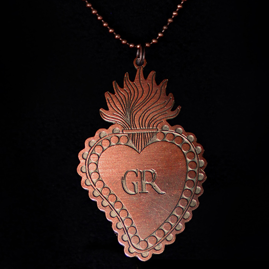 copper ball choker with handcrafted charm sacred heart shaped with flame, for unique and original gift, ex voto