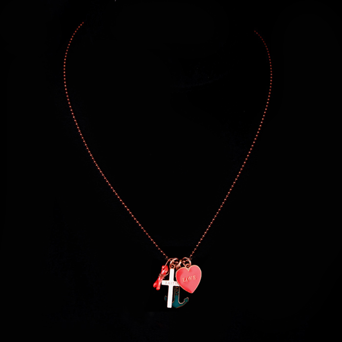 Girocollo catena pallini con ciondolo Fede-Amore-Speranza e frammento di rametto di corallo, le virtu teologali, regalo con sentimento, regalo per natale, regalo per credenti