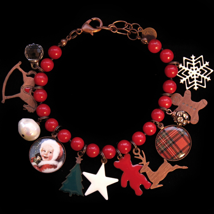 Bracelet in coral bamboo with copper and porcelain charms: rocking horse, Christmas tree, star, little teddy bear, deer, tartan, ginger bread, snow flake. Christmas gift.