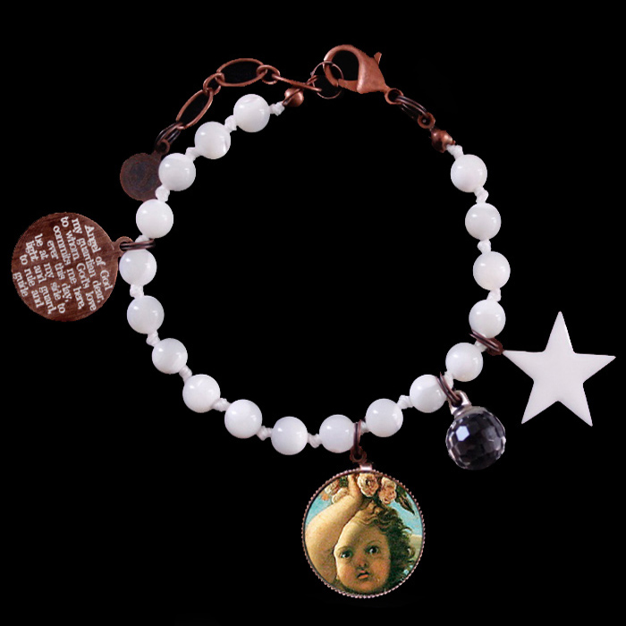 Mother of pearl bracelet with copper and porcelain charms, crystals, angels, star, prayer, possibility to customize. Gift for your mum, sister, friend, ceremony.