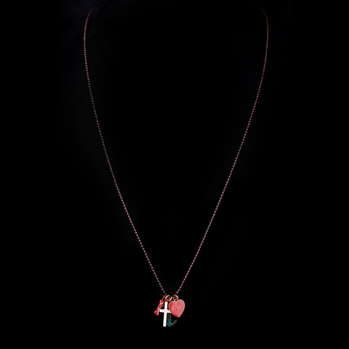 Long copper ball necklace with cross, heart, anchor shaped charms in enamelled copper representing the theological virtues. Gift for special occasions, gift for Holy Communion, gift for ceremonies.
