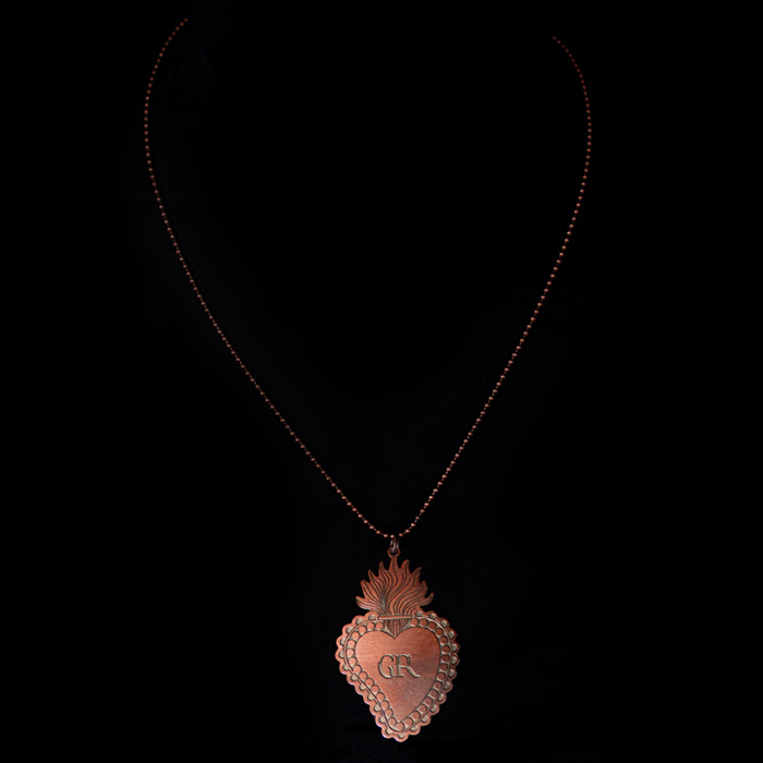 copper ball choker with handcrafted charm sacred heart shaped with flame, for unique and original gift, ex voto