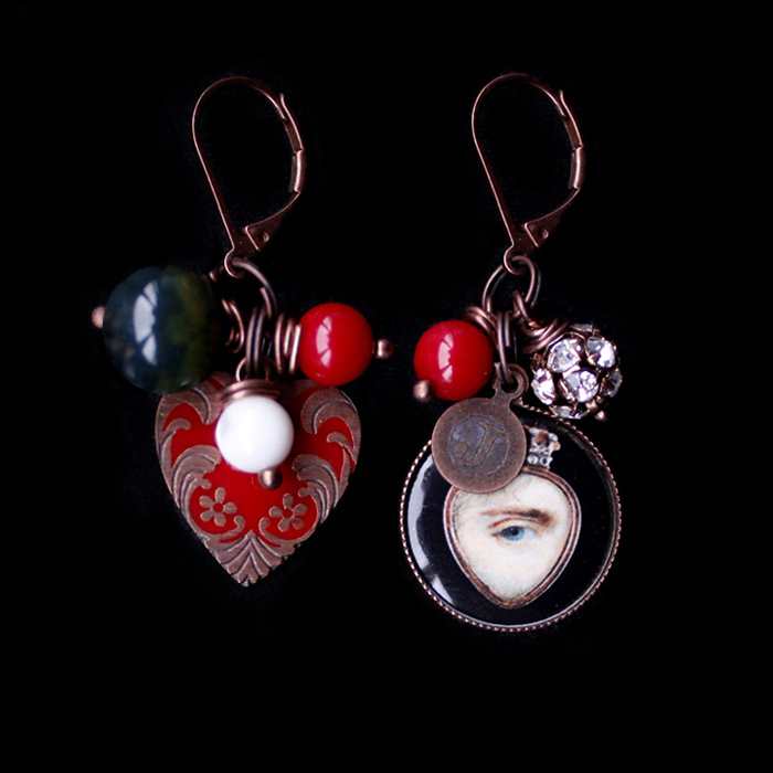 Mistery collection earrings with heart enamelled in red and porcelain with lover's eye, beads and strass, Valentine's Day gift, gift for lover, gift for best friend