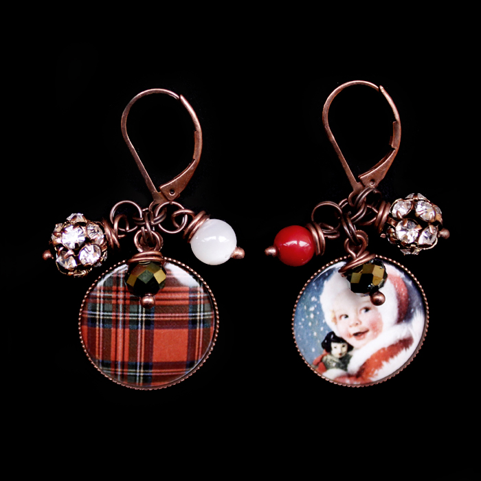 Christmas earrings in porcelain with Scottish image, child, beads and strass, Christmas gift, best friend gift, winter gift