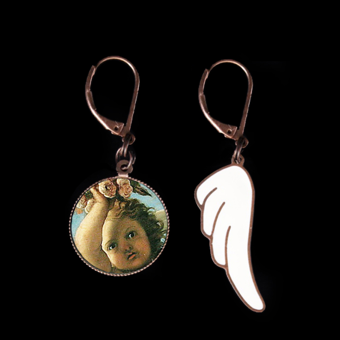 sacred collection earrings with white enamelled wing and porcelain guardian angel, gift for sacred theme lovers, religious, prayer