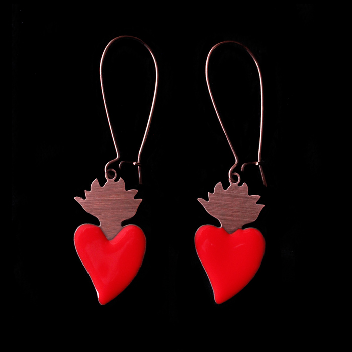 orecchini cuore sacro in rame smaltati rosso, regalo san valentino,  anniversario, fidanzamento, regalo amica