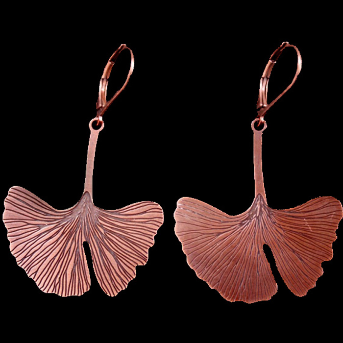 orecchini collezione natura in rame con forma di foglia ginkgo biloba, regalo per amante natura, regalo simbolo rinascita