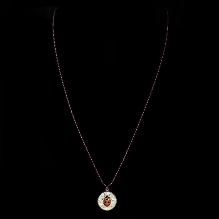 Long copper dots necklace with porcelain medallion with red ladybug. Lucky charm gift for a friend, a sister, an aunt, a cousin.