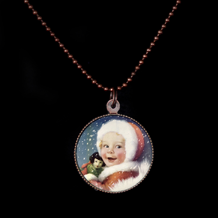 Girocollo a pallini rame con ciondolo in porcellana di un Bimbo Natale, regalo simpatico per natale, che simboleggia la gioia del natale, da personalizzare con la tua iniziale