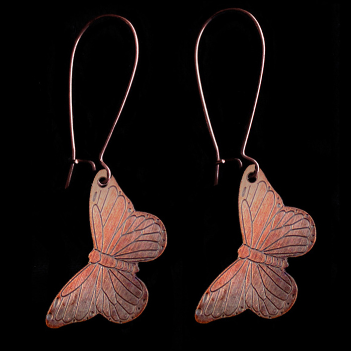 earrings with butterflies in copper enamelled in pink