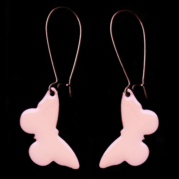 earrings with butterflies in copper enamelled in pink