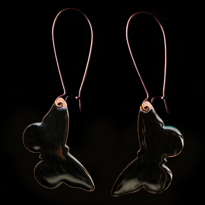 Earrings with butterflies in copper enamelled in black colour