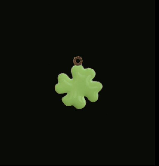 Copper four-leaf clover shaped charm, enamelled in green, gift for good luck