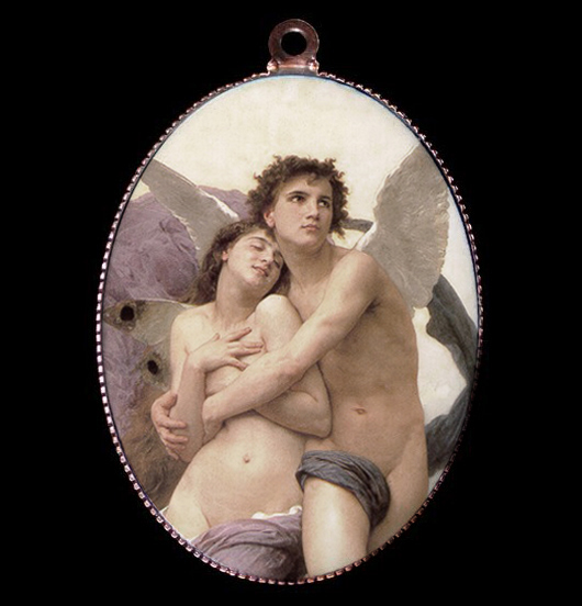 medaglione porcellana con raffigurati amore e psiche, per amanti del mito