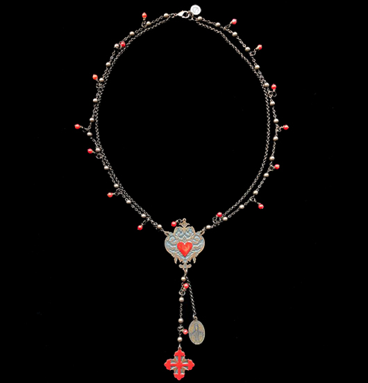 collana rosario in rame con perline rosse e cuore rosario smaltato di rosso, per amanti del sacro, della sacralità