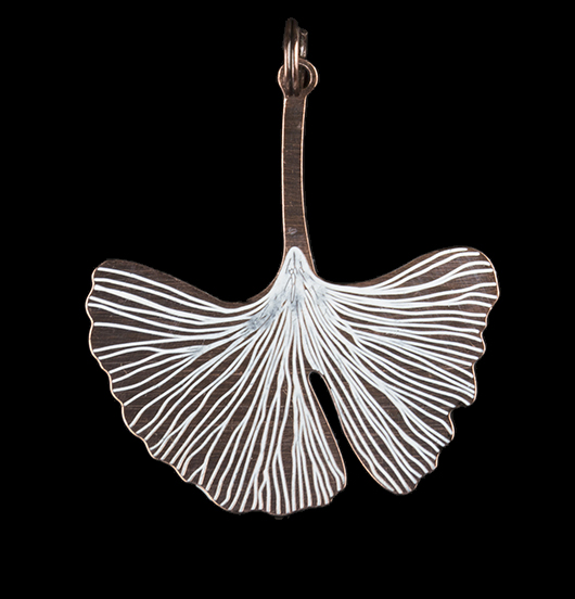 Enamelled ivory copper ginkgo biloba leaf shaped pendant, gift for Japanese culture's lover, gardener, nature lover, free lover.