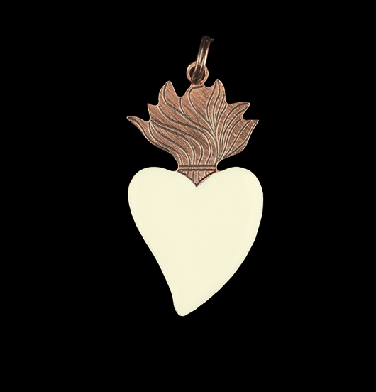 ciondolo cuore sacro con fiamma in rame smaltato bianco, ex voto, votivo, vintage, regalo miglior amica