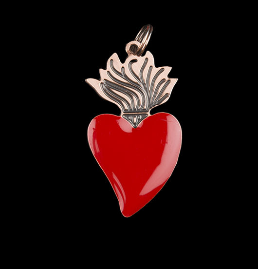 ciondolo cuore sacro in rame smaltato rosso, ex voto, simbolo religioso, amicizia