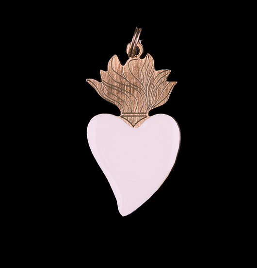 ciondolo cuore sacro con fiamma in rame smaltato rosa, ex voto, votivo, vintage, regalo miglior amica