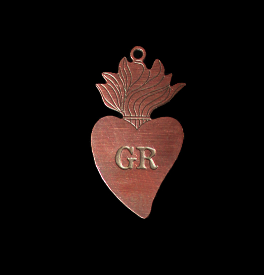 ciondolo in rame cuore sacro con fiamma, regalo religione, ex voto, vintage