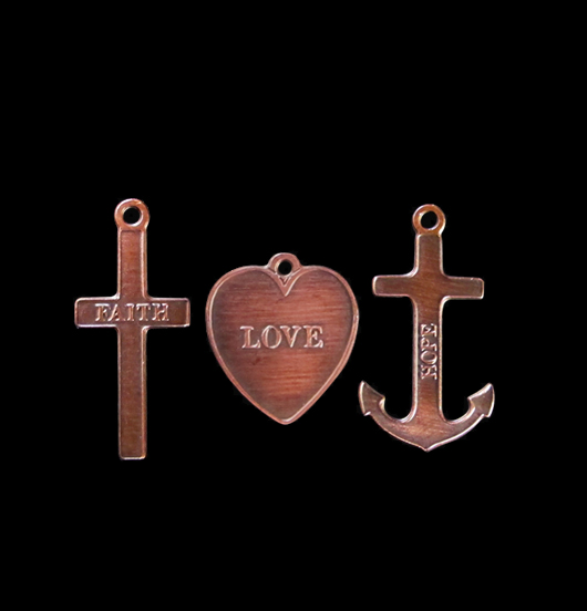 cross, heart, anchor shaped charms in copper, virtue gift, religious gift