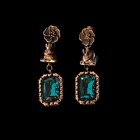 Copper earrings with a green rhinestone